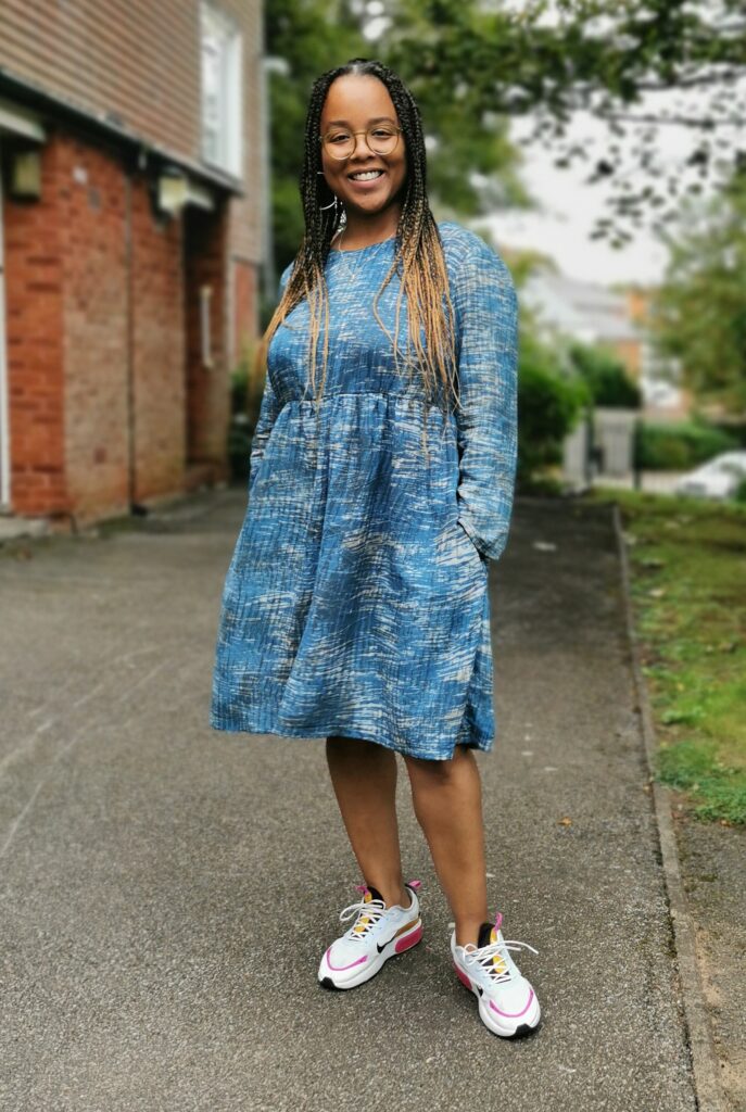MIrry Maker wears a handmade Indigo dress in Fabriclore rayon modal